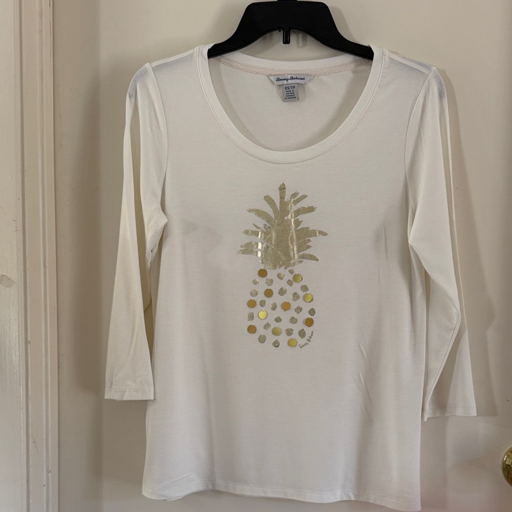 Tommy Bahama White Long Sleeve Tee with Gold Pineapple sequin Graphic design - Picture 3 of 13